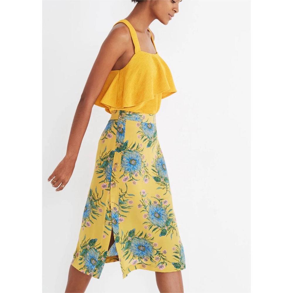 Madewell Yellow Floral Midi Skirt with Blue & Green Print